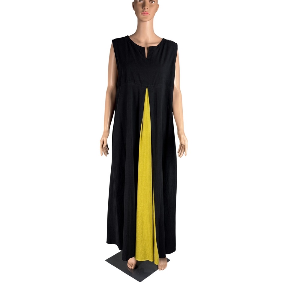 NWD Gracila Maxi Dress Plus 2XL Black Yellow Sleeveless Cotton Pocket Lagenlook - Picture 3 of 16